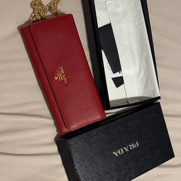Prada Handbags - Authentic Prada Red Saffiano Leather Chain Wallet with chain box